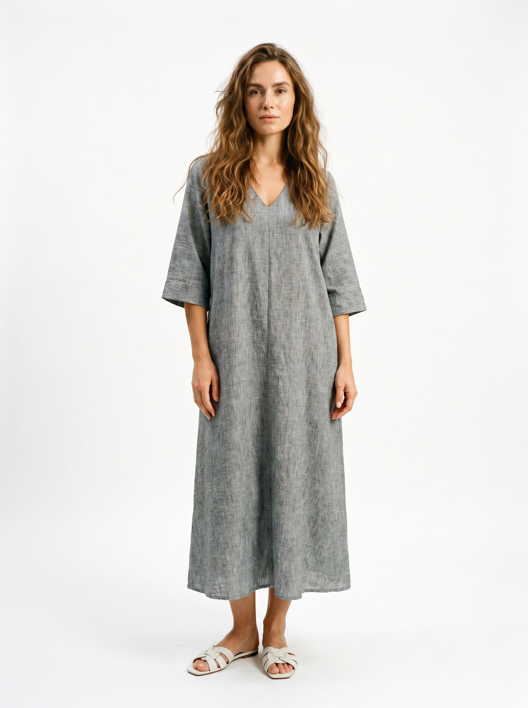 1-33.jpg Oversized V-Neck Linen Dress - Image 1